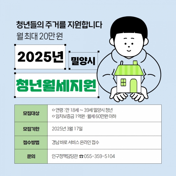 밀양시, 청년 월세 지원사업 나서...월 20만원 지원 - 경남데일리